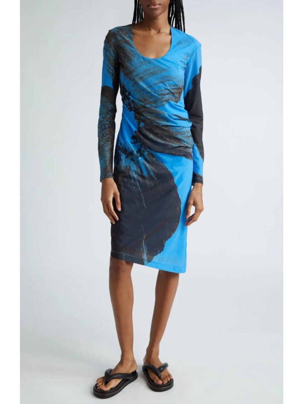 Stine Goya Leonora Blue & Brown Brush Stroke Poppy Floral  Dress, Size L, NWT!
